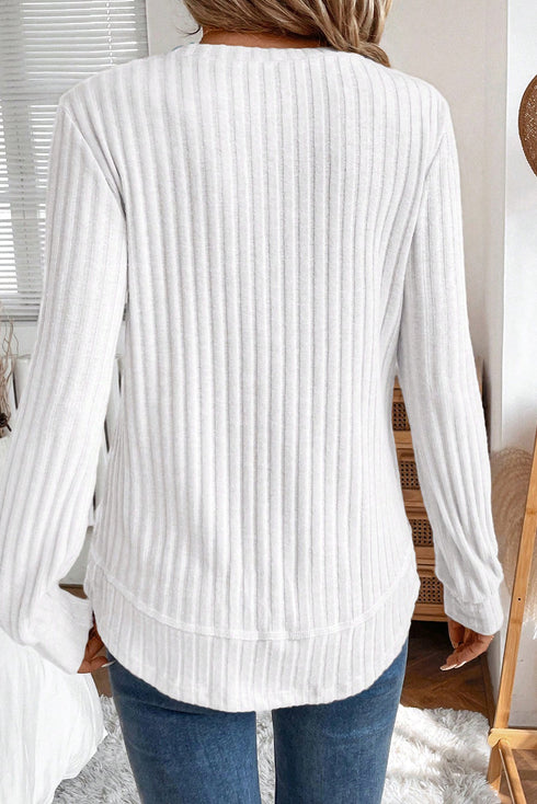 Ribbed Texture Round Neck Drop Shoulder Rounded Hem Knit Top